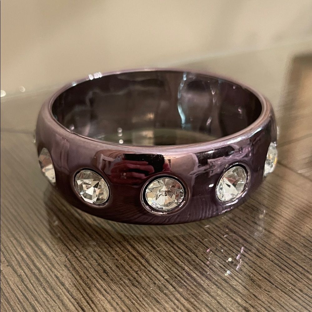Vintage Gunmetal Metallic Bangle with Clear Gemstones - Rhinestones